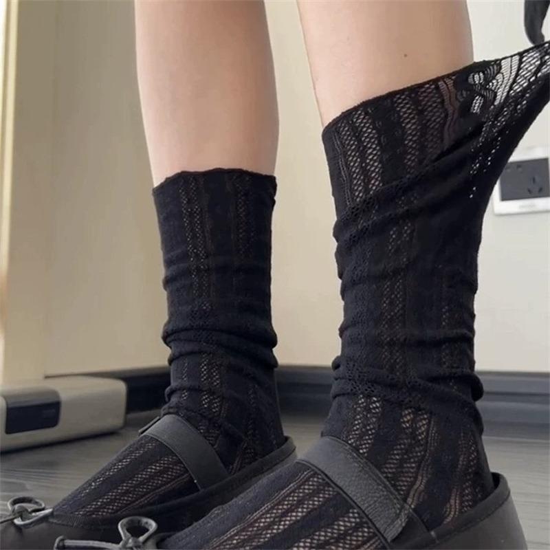 Summer Thin Net Socks Paired with Mary Jane Shoes, Ballet-style Hollowed-out Linen Patterned Mid-calf Socks, Women's Pile-up Socks