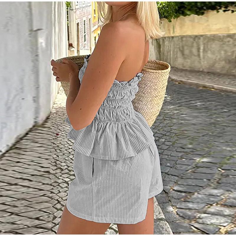 Casual Simple Tube Top Wooden Ear Shorts Suit Women's Summer 2025