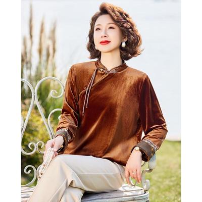 Damen Vintage Samt Chinesischer Stil Langarm Top