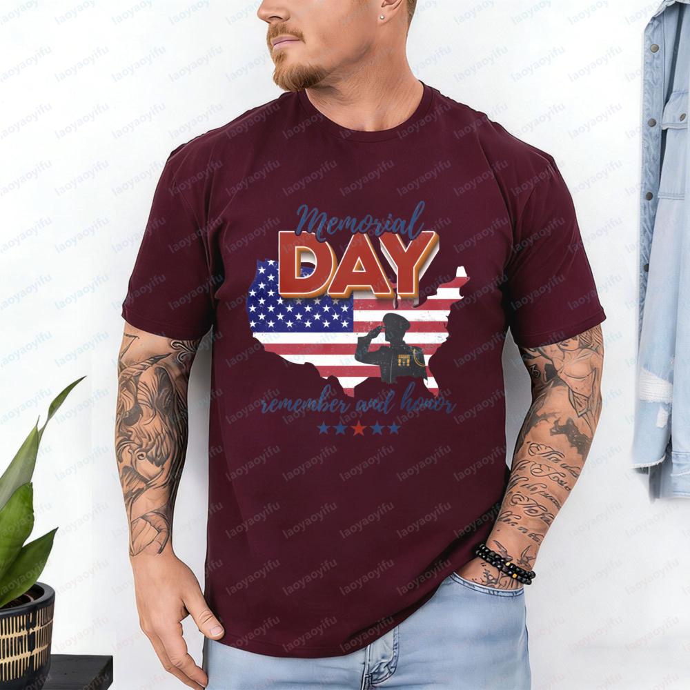Memorial Day TShirt Remember and Honor Salute Soldier Patriotic Casual Cotton Tee Festival Vintage Trend Classic Mens Clothing