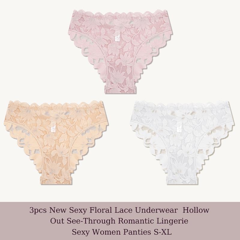 3 Piezas/Set Sexy Encaje Floral Conjuntos de Bragas Ropa Interior Hueco Transparente Romántica Lencería Ropa Interior Sexy Bragas para Mujer S-XL