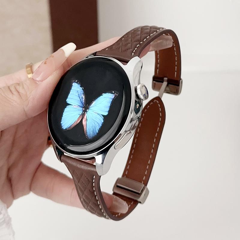 For Samsung Galaxy Watch3 45mm/Huawei Watch Ultimate Genuine Cow Leather 22mm Watch Band with Rhombus Pattern