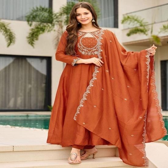 Gorgeous Rust Orange Silk Anarkali Suit Set with Embroidered Dupatta S