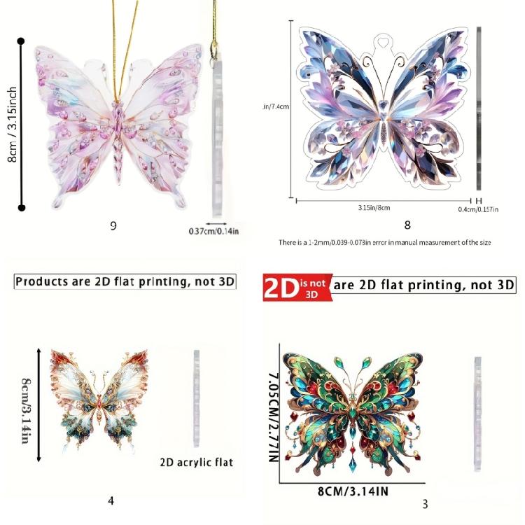 Crystal Like Colorful Butterfly Hanging Ornament 2D Flat Acrylic Pendant Bag Charm for Car Rear Mirror and Home Decors