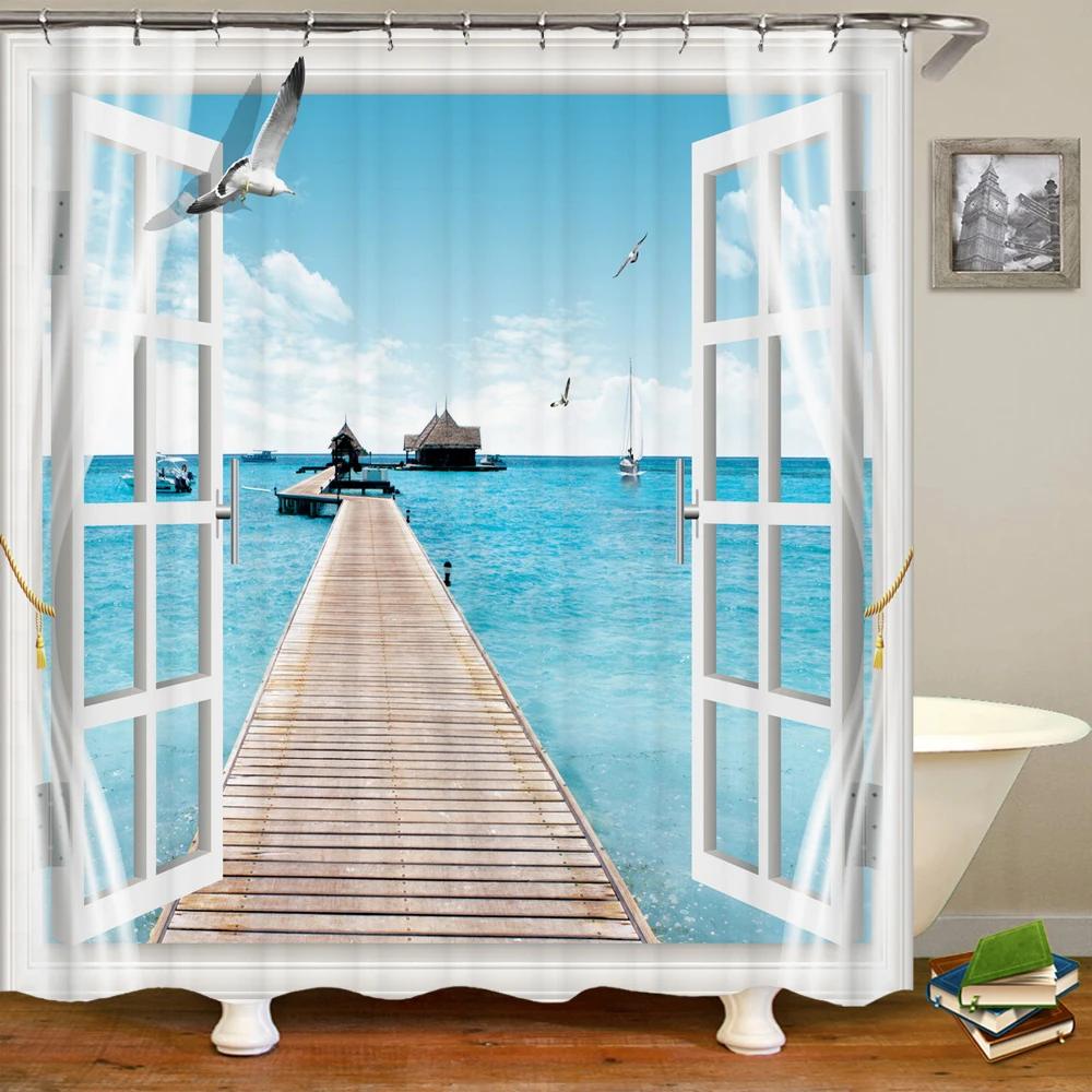 3D Window Opening Scenery Beach Landscape Printing Shower Curtain Washable Fabric Curtain Bathroom Decoration with Hook Curtain