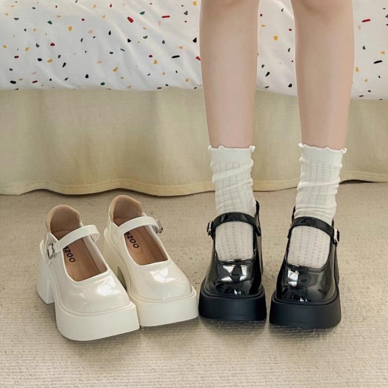 Coarse heel high heel small leather shoes women's spring new thick sole heightening retro Mary Jane single shoes round head