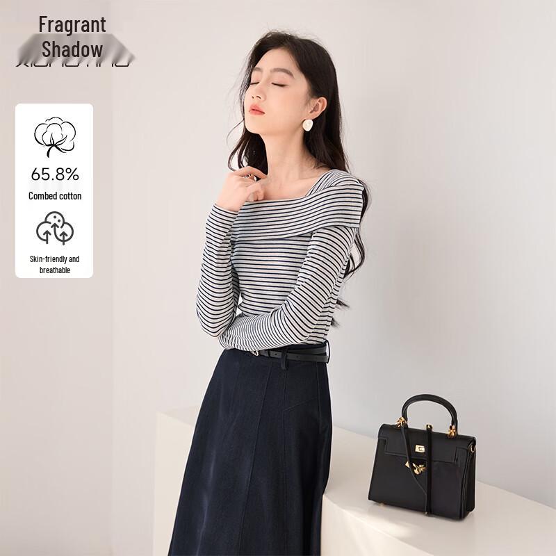 Women s Striped Off-Shoulder Long Sleeve T-Shirt M