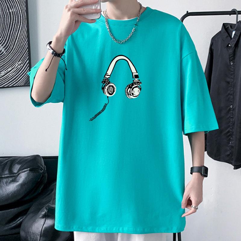Earphone Pattern Men's Oversized Drop Shoulder T-Shirt 100% Cotton Streetwear Tee