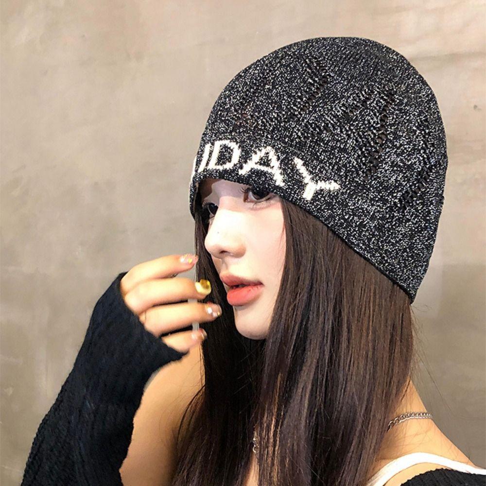 Vintage Letter Beanie Hat Cool Knitted Pullover Hat Fashion Sequin Knitted Hat Streetwear