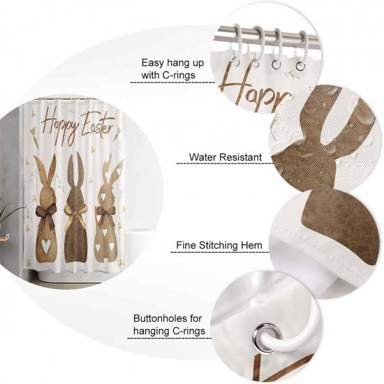 Happy Easter Shower Curtain Bunny Bathroom Curtains with Hooks, Waterproof Fabric Flower Carrot Rabbit Shower Curtains Set for Bathroom Bathtubs