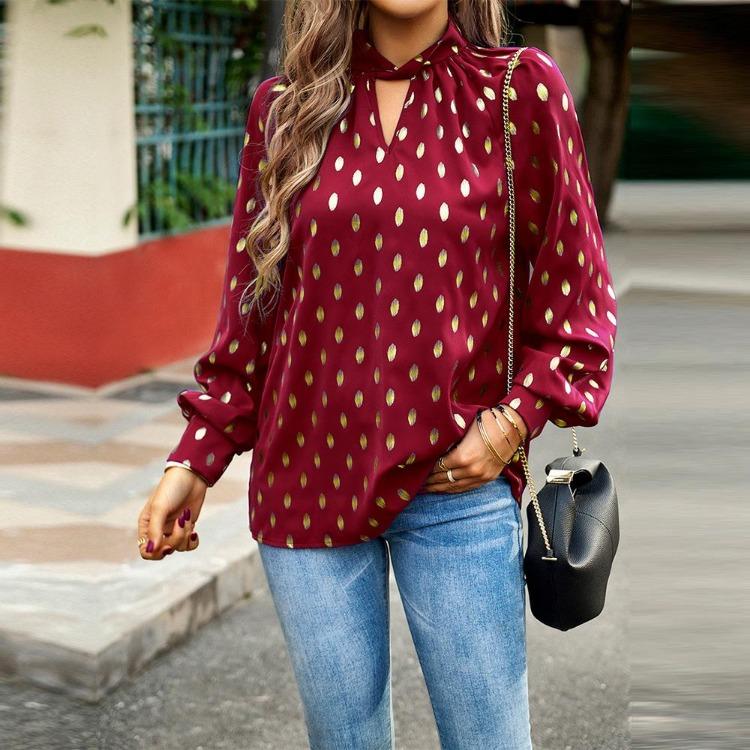 Women's Loose Hollow Out Blouse Long Sleeve O Neck Top Autumn Winter Printed Commuter Casual Tops