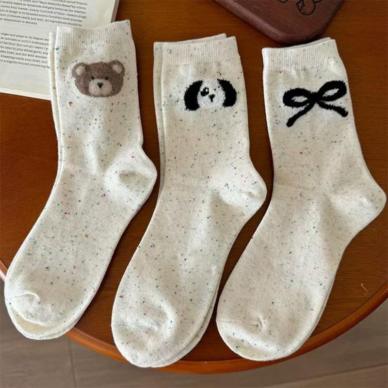 10pairs Socks for Women, Mid-calf Socks, Spring and Autumn Style, Little Bear, Ins Cartoon, Japanese Color Dot Socks