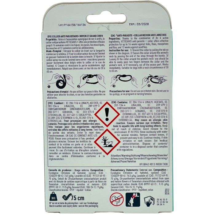 Collier antiparasitaire - VETOCANIS - Moyen et grand chien - 75 cm - Anti-puces - Anti-tiques