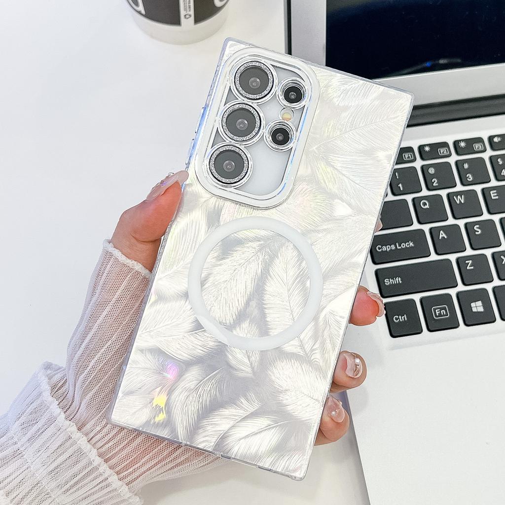 Feather Pattern Samsung S25ultra Suitable for S24plus Magnetic Phone Case A56 Electroplated Flash Powder Lens Film