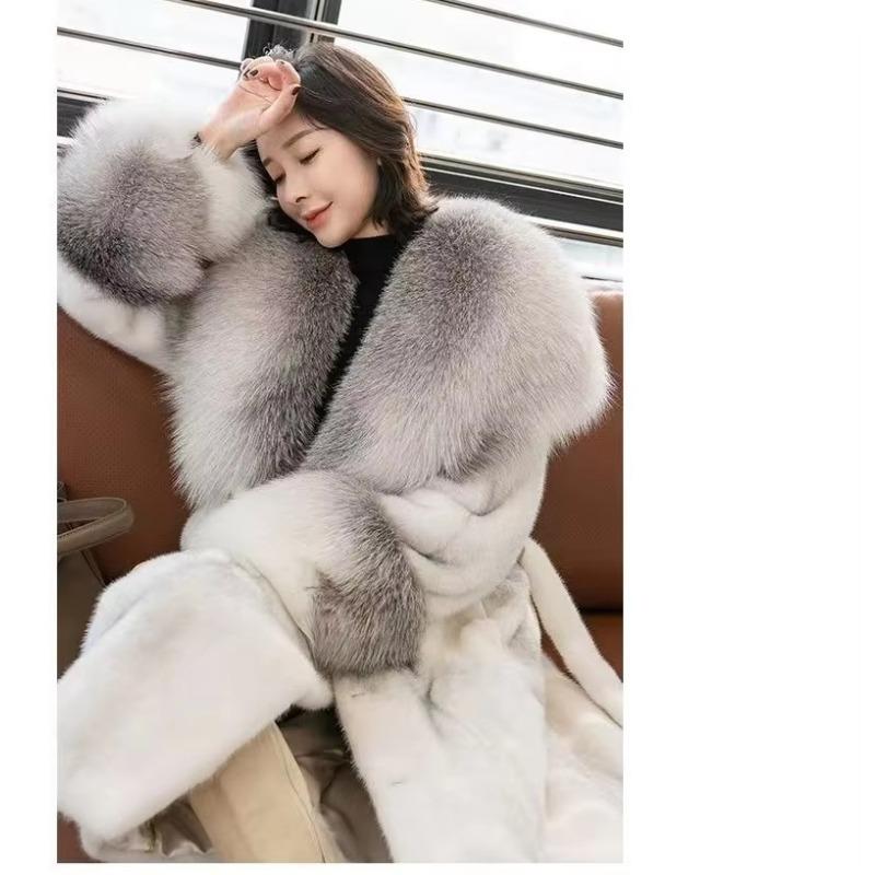 Schicker Nerzmantel Damen Übermantel Herbst Winter Dick Warm Pelzparka Locker Fuchsfellkragen Lange Nerzmäntel