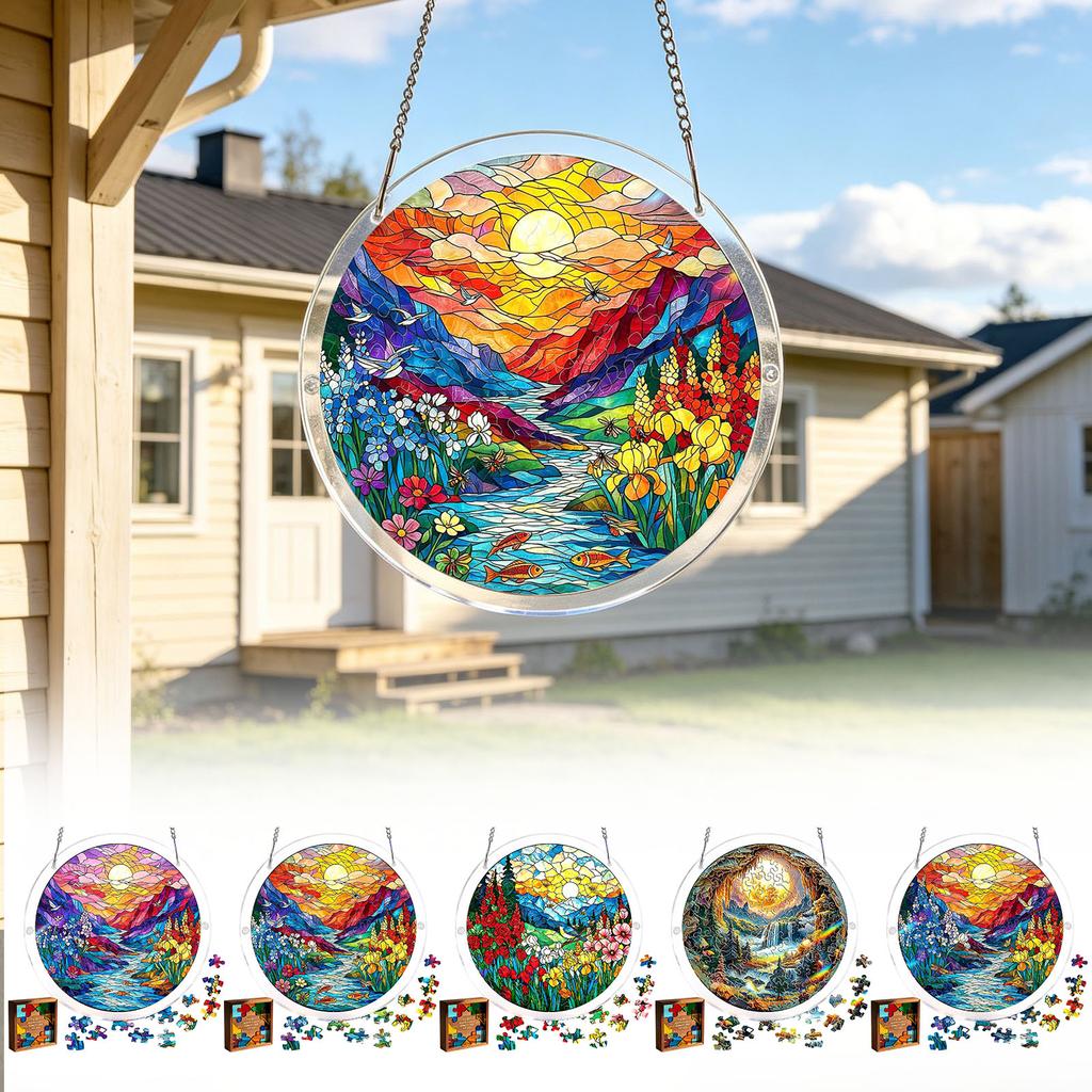 1cm Acrylic Puzzle Suncatcher Hanging Decoration Round Shape Landscape Design with Interlocking Pieces for Window Display and Room Ornament