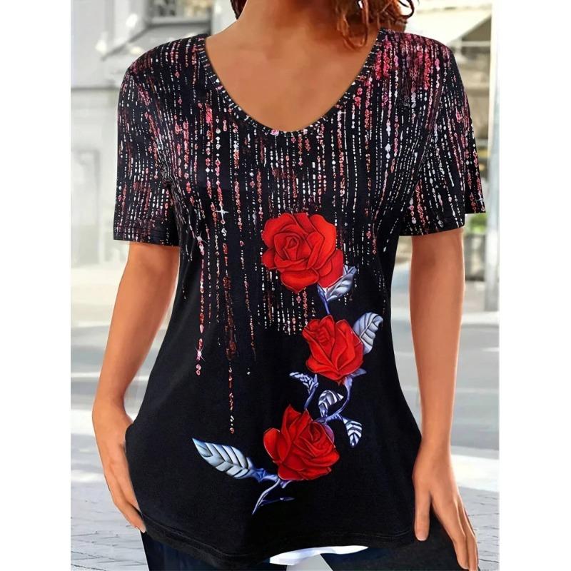 Summer Women Elegant V-Neck Short-Sleeved Maple Leaf Print Short Sleeve V-Neck T Shirt for Women Fashiont-Shirt