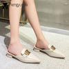 Fashion Plus Size 41/42 Women Metal Chain Slippers Square Low Heels Mules Ladies Sewing Shoes Summer Closed Pointed Toe Slides Sandalias