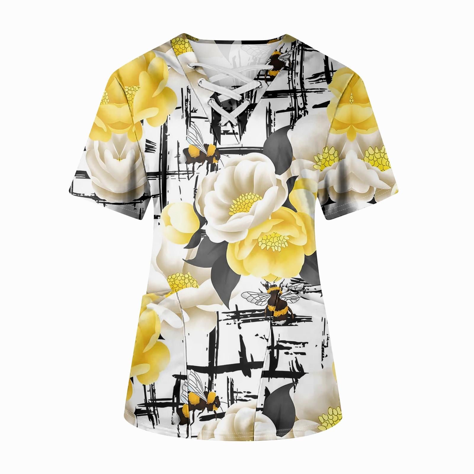 

Плюс размерСкраб с принтом Рабочая форма Топы для женщин Крест V-образным вырезом Хэллоуин Принт с короткими рукавами Забавные футболки Спецодежда Футболка с карманами XL жёлтый