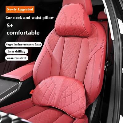 Memory Foam Car Neck Pillow Waist Pillow Nappa Leather Car Headrest And Lumbar Set Seat Accessories Car Neck And Lumbar Support