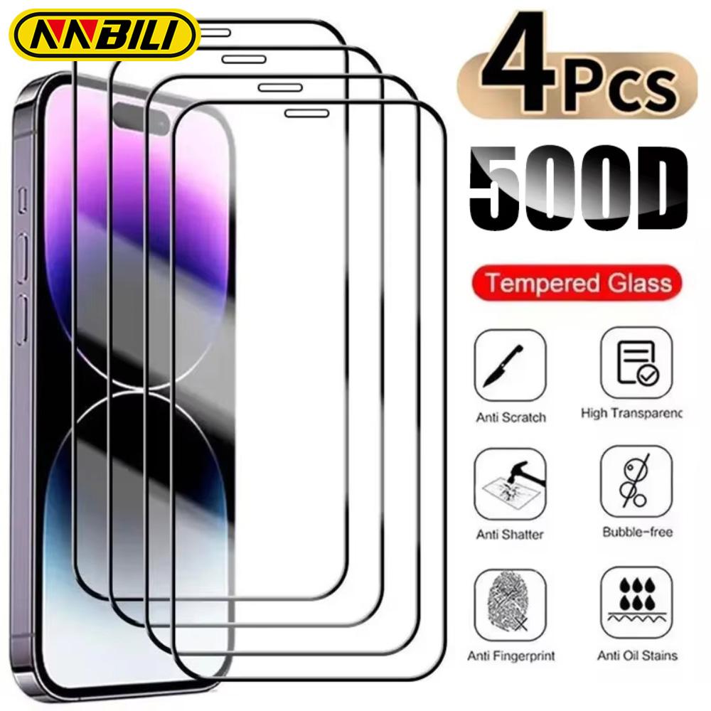 

Nnbili 4 pçs 500d capa completa de vidro protetor para iphone 13 12 11 14 15 16 17 pro max plus 16e protetor de tela temperado filme de vidro iphone 11