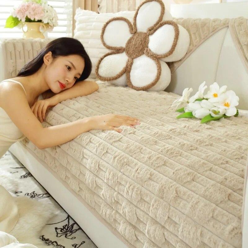 Kaninchen Plüsch Neue Chinesische Stil Sofa Kissen Winter Verdickt Europäischen Stil Anti-rutsch Sofa Abdeckung Abdeckung