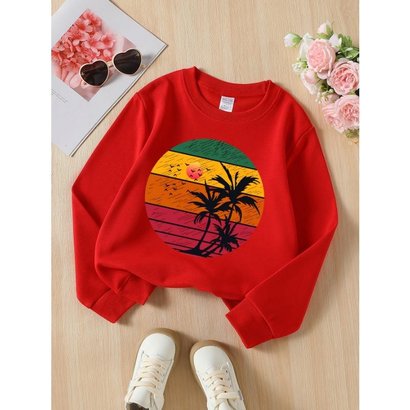 European Sizes Tropical Sunset Palm Trees Birds Sky Gradient Girls' Crew Neck Sweatshirt, Western Top, Long Sleeved, Casual for Little Girls.