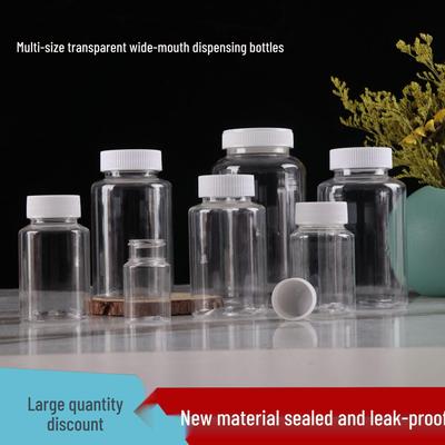 Transparent PET Wide Mouth Bottles for Dispensing Powder or Capsules In 30, 50, 100ml Sizes.