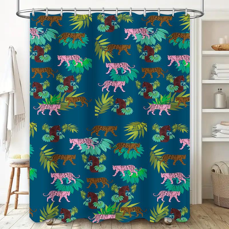 Fashionable Shower Curtain with Jungle Tiger Print Blue Background with Pink Green Leaves for Bathroom Decor (Blue)