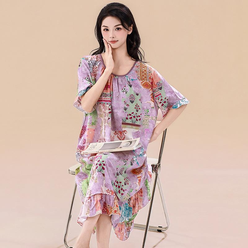 1011 spring and summer new oil painting style nightdress women's cotton and silk loose large size ruffle edge short-sleeved loungewear dress