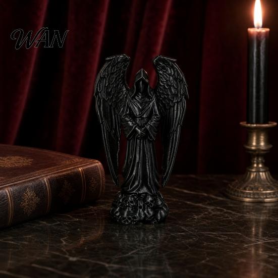 Gothic Angel Decor 3D Printed Sculpture Decoration, Dark Decoration with Detailed Feather Texture, Matte Black Figurine for Home Office Halloween Gift