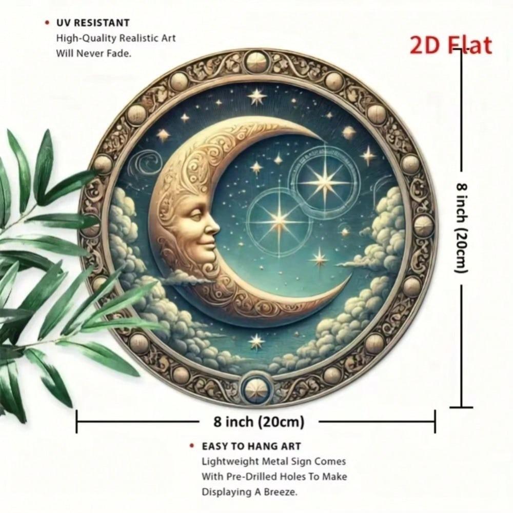 Vintage Starry Night Moon Wreath Metal Wall Art Decor 8 Inch Aluminum Sign