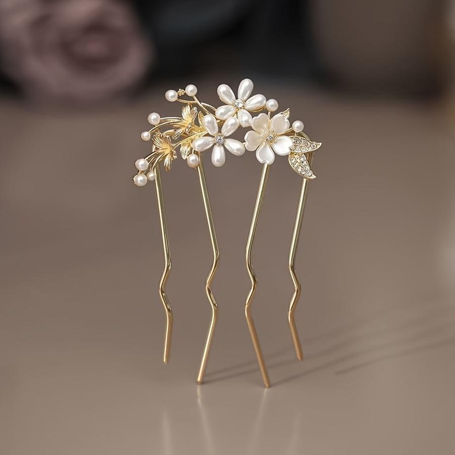 French fashion retro hair accessories elegant pearl flower hairpin women's daily U-shaped hairpin women's alloy hairpin