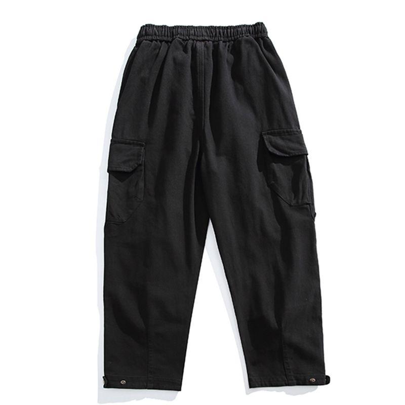 Autumn and Winter Thickened Twill Washed Pure Cotton Elastic Waist Casual Pants Men's Japanese Retro Distressed Multi-Pocket Cargo Pants