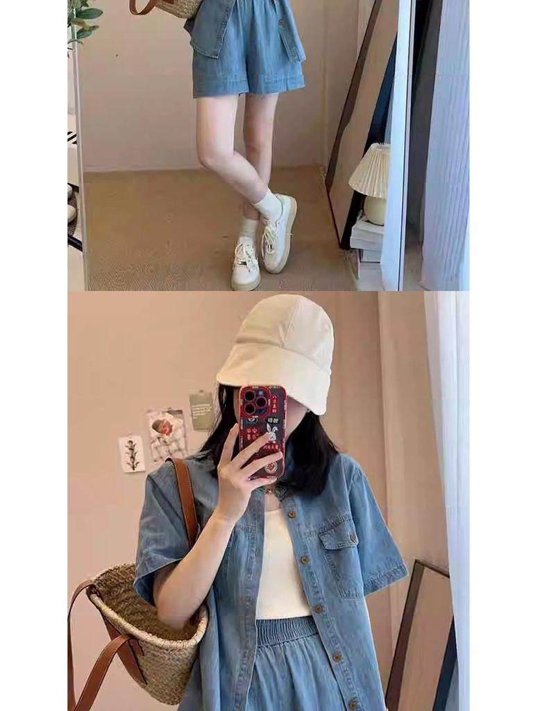 Spring/Summer 2026 Youthful Slimming Outfit Set: Petite to Plus-Size Women's Denim Shorts Two-Piece