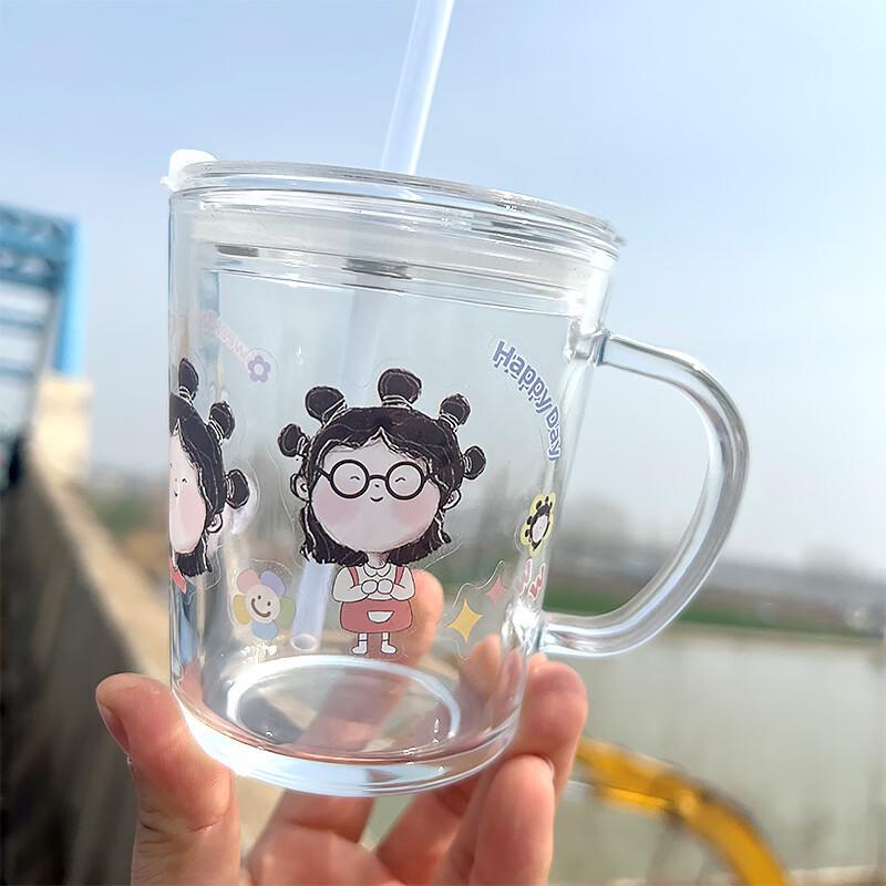 Graduated High Borosilicate Glass Drinking Cup with Straw