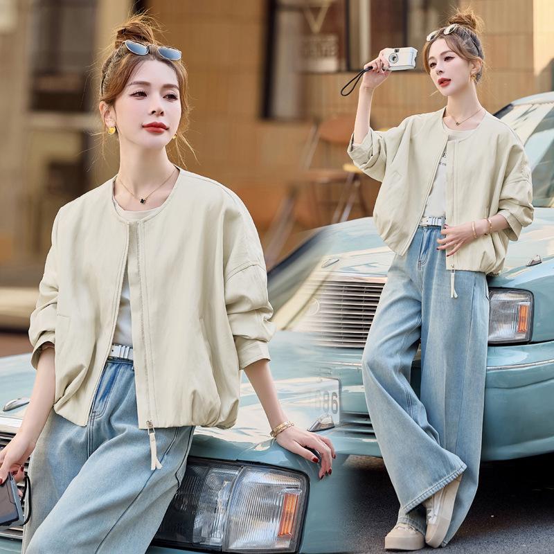 

2025 Женская однотонная повседневная кожаная куртка - Весенне-осенняя мода M (90-115 kg) грязно-белый