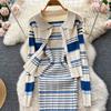 Autumn and Winter Small Fragrant Wind Stripes Collision Color Sexy Lapel Striped Knit Shirt Plus Halter Dress Two-piece