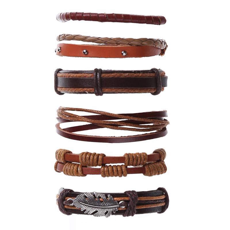 Punk 6-Piece Genuine Leather Multi-Layer Bracelet Set
