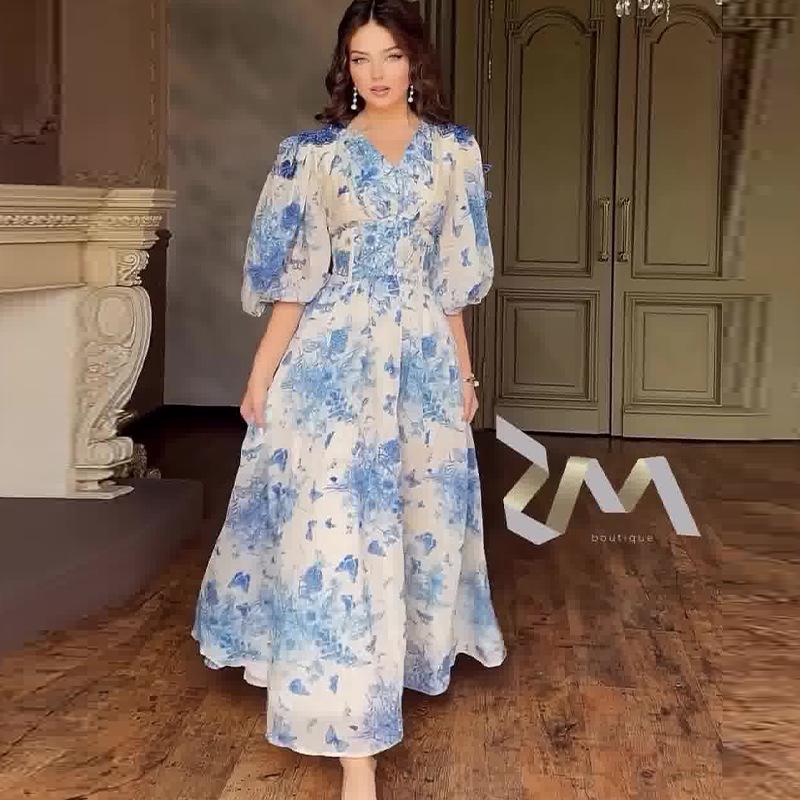 2024 Sommer Damen Frisches Elegantes Langes Kleid mit Süßem Druck