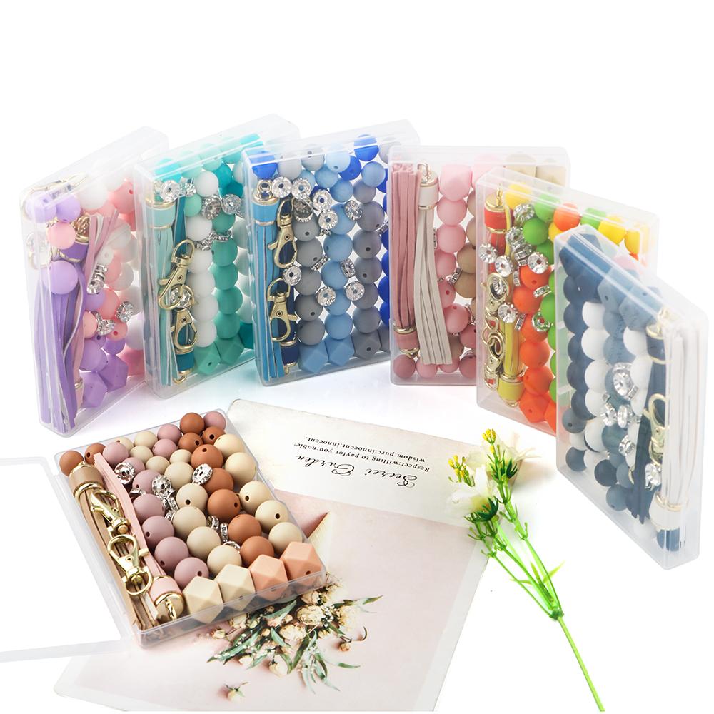 New 60Pcs/Box Leather Keychain Tassels Silicone Bead Round Hexagon Lentil For Jewelry Making DIY Keychain Bracelet Accessories