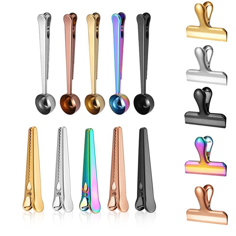 Stainless Steel Measuring Spoon With Clip Coffee Snacks Food Bags Multi-Function Kitchen Tool In Gold Rose