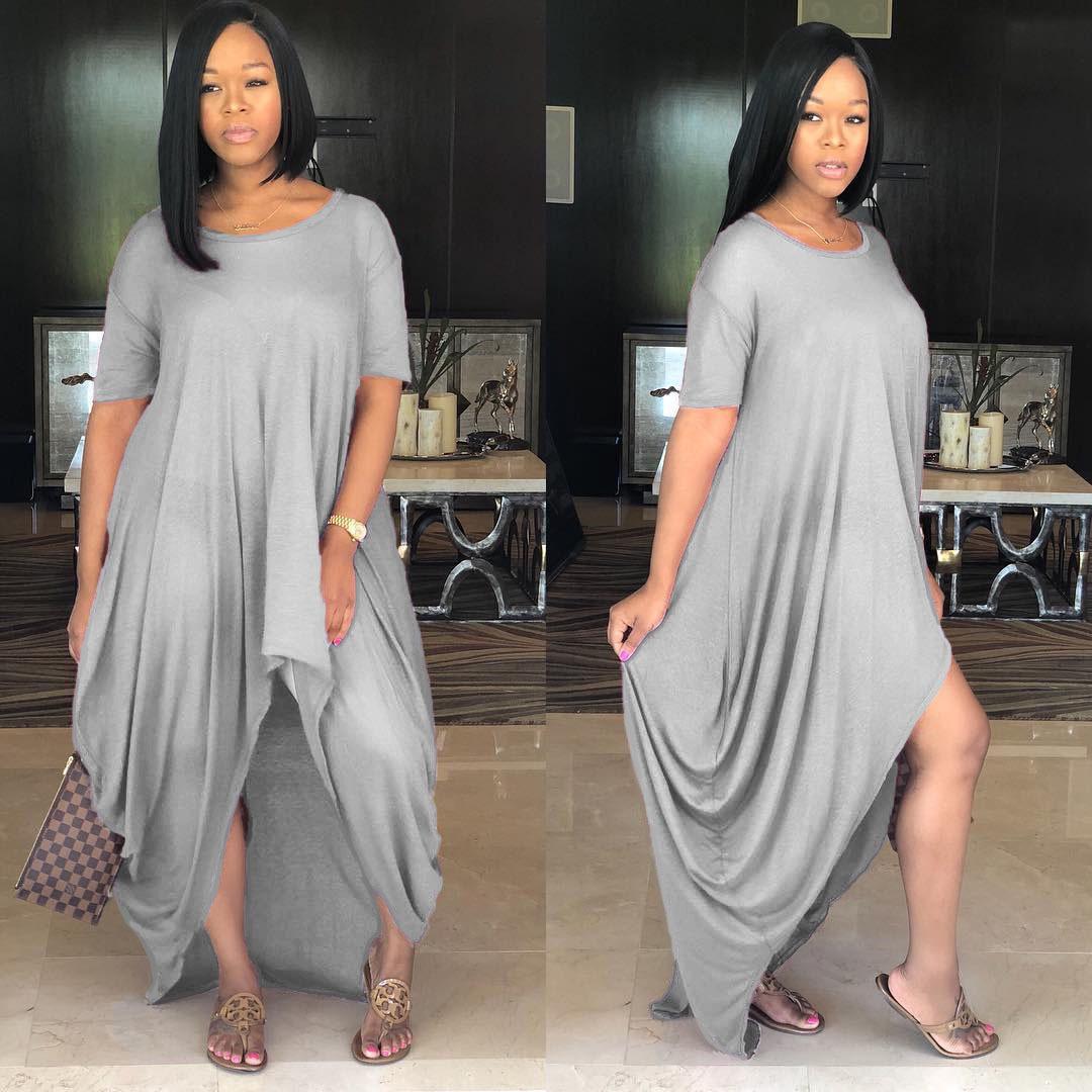 

Европейское и американское минималистичное платье кэжуал свободного кроя с короткими рукавами и неровным подолом, однотонное. Medium серый