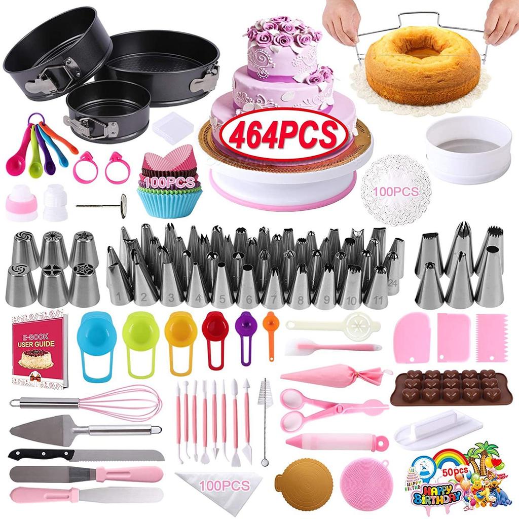 Cake Decorating Set 464 Pieces with Non-Slip Cake Turntable and Springform Cake Tin Baking Supplies for Beginners