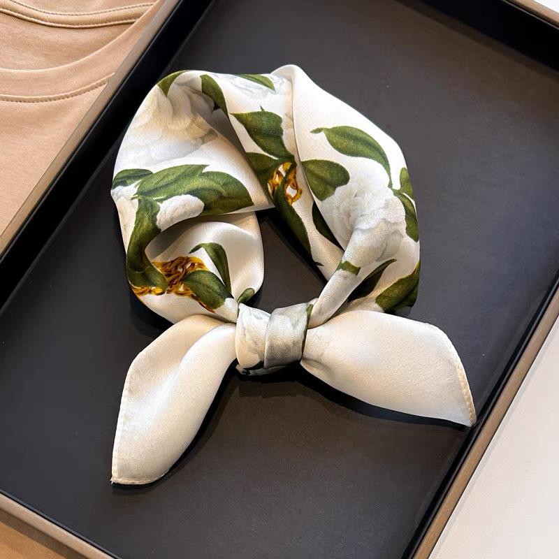 Dámský béžový hedvábný šátek - 53 cm Korejský styl Tištěný čtverec, 100% morušové hedvábí na jaro/léto