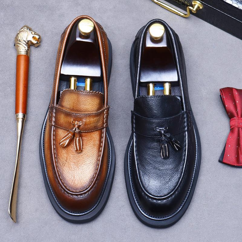 Brand Design Men Genuine Leather Shoes Moccasins Men's Tassel Loafers Vintage Slip-on Casual Men Social Dress Shoes