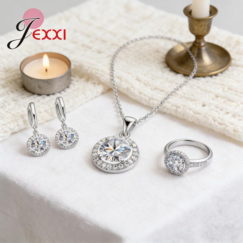 Exquisite Women Wedding Necklace Earring Ring Jewelry Set 925 Sterling Silver Zircon Crystal Jewelry Set