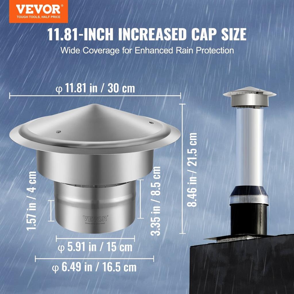 Chimney Cap, 152.4 Mm, 304 Stainless Steel Round Roof Rain Cap, 300mm Increased Caps, All Weather & Reinforced Screws & Easy Installation, for Perfect