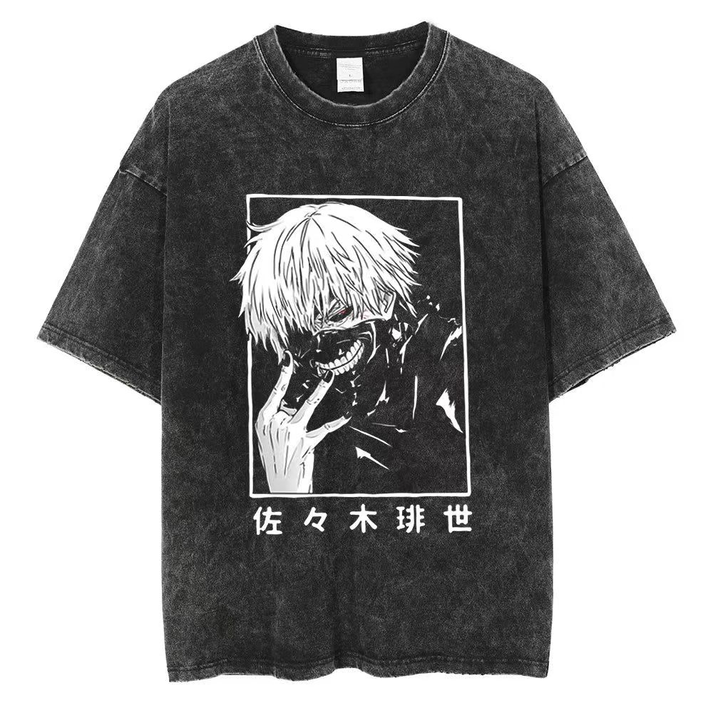 Anime Tokyo Ghoul Ken Kaneki Graphic Washed T Shirt Men Manga Vintage Tshirts Casual Cotton T-shirt Harajuku Male Tops