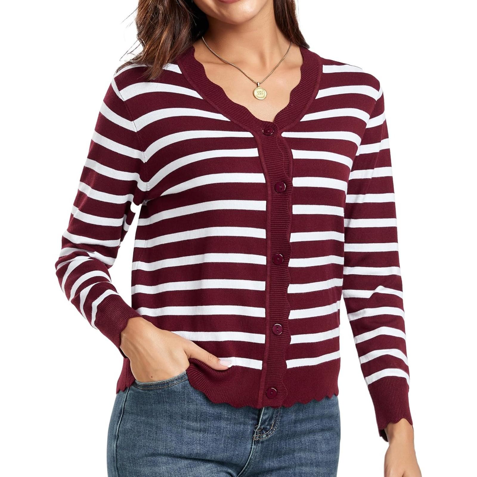 

Женский модный деревянный кардиган тонкой вязки с V-образным вырезом и отделкой ушей, на пуговицах, полосатый топ XL